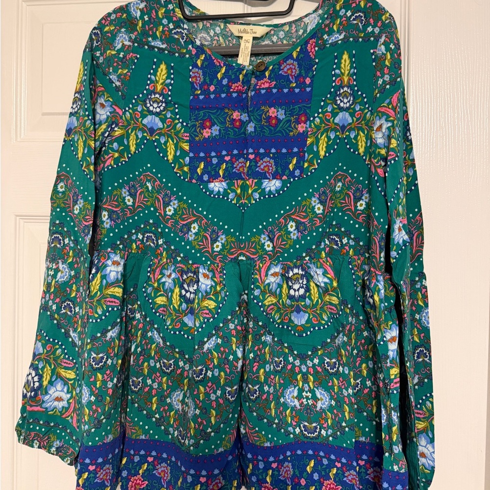 Matilda Jane Teal Floral Boho Tunic with Navy Accents